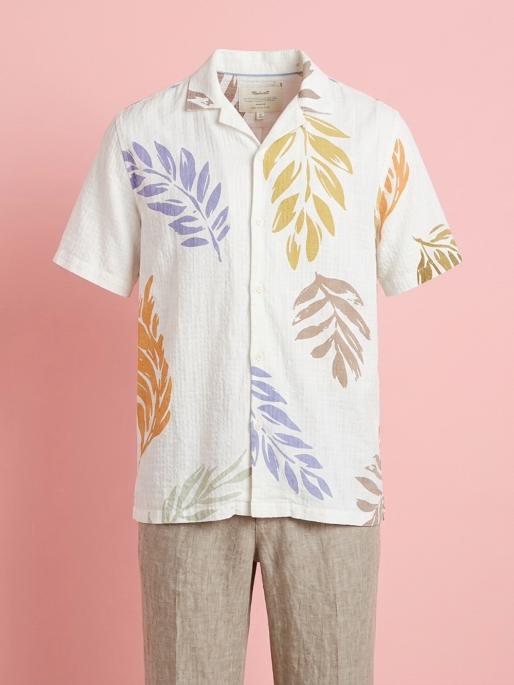Men's White Short-Sleeve Leaf Print Shirt and Linen cream pants. 👖 (34-36) waist